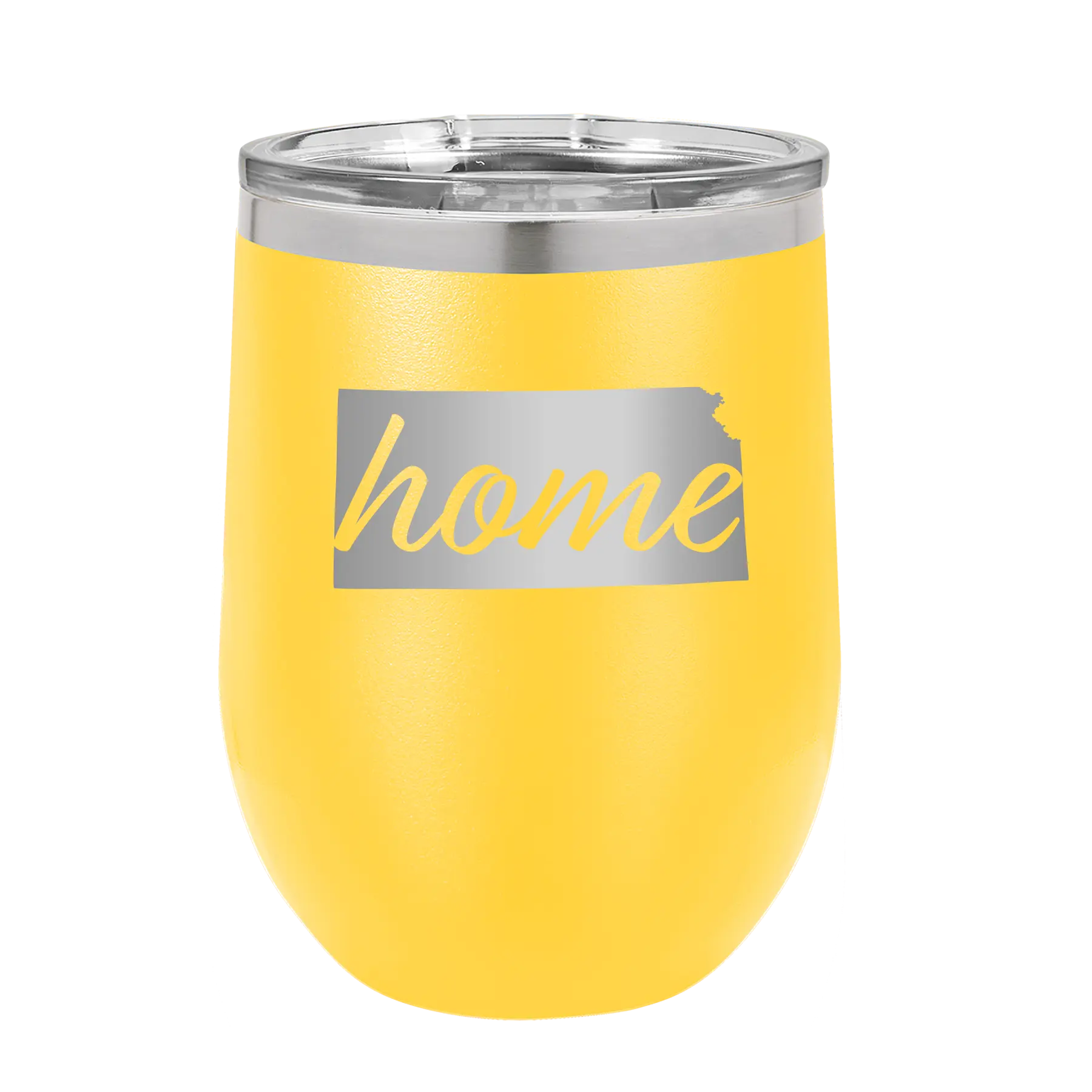 Laser etched yellow 12 oz vacuum insulated wine cup with 'Kansas Home' design