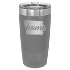 Laser etched dark gray 20 oz vacuum insulated tumbler with 'Iowa Home' design