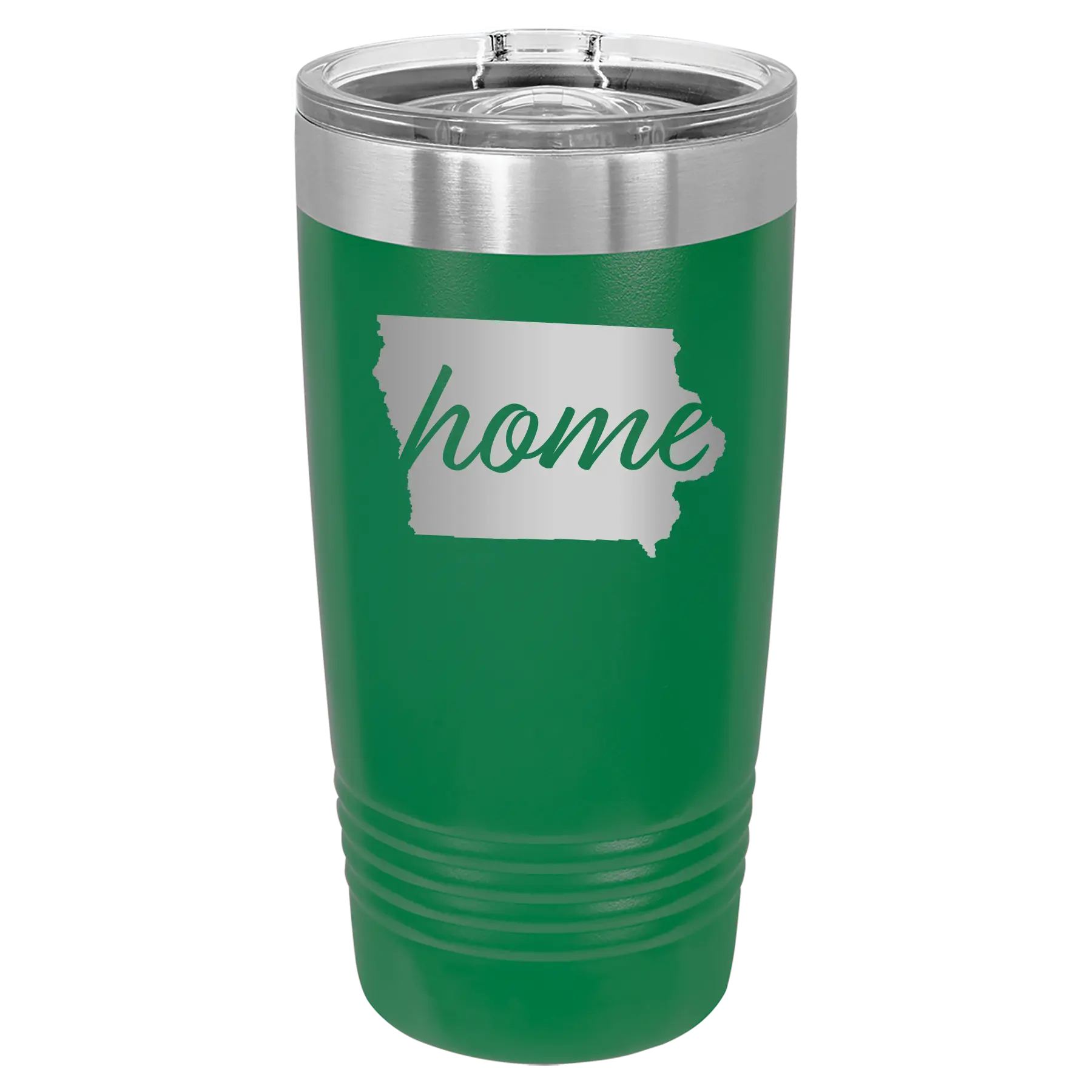 Laser etched green 20 oz vacuum insulated tumbler with 'Iowa Home' design