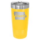 Laser etched yellow 20 oz vacuum insulated tumbler with 'Iowa Home' design