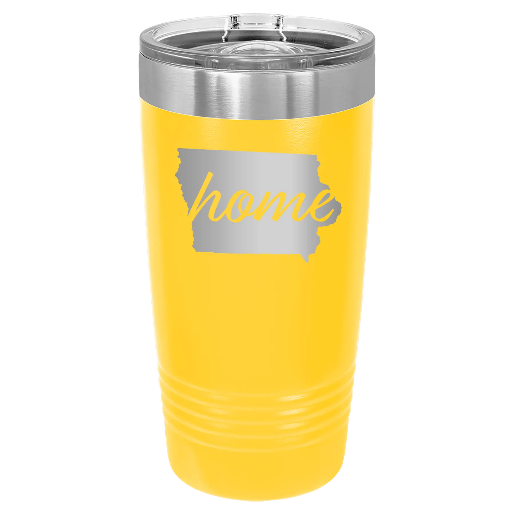 Laser etched yellow 20 oz vacuum insulated tumbler with 'Iowa Home' design