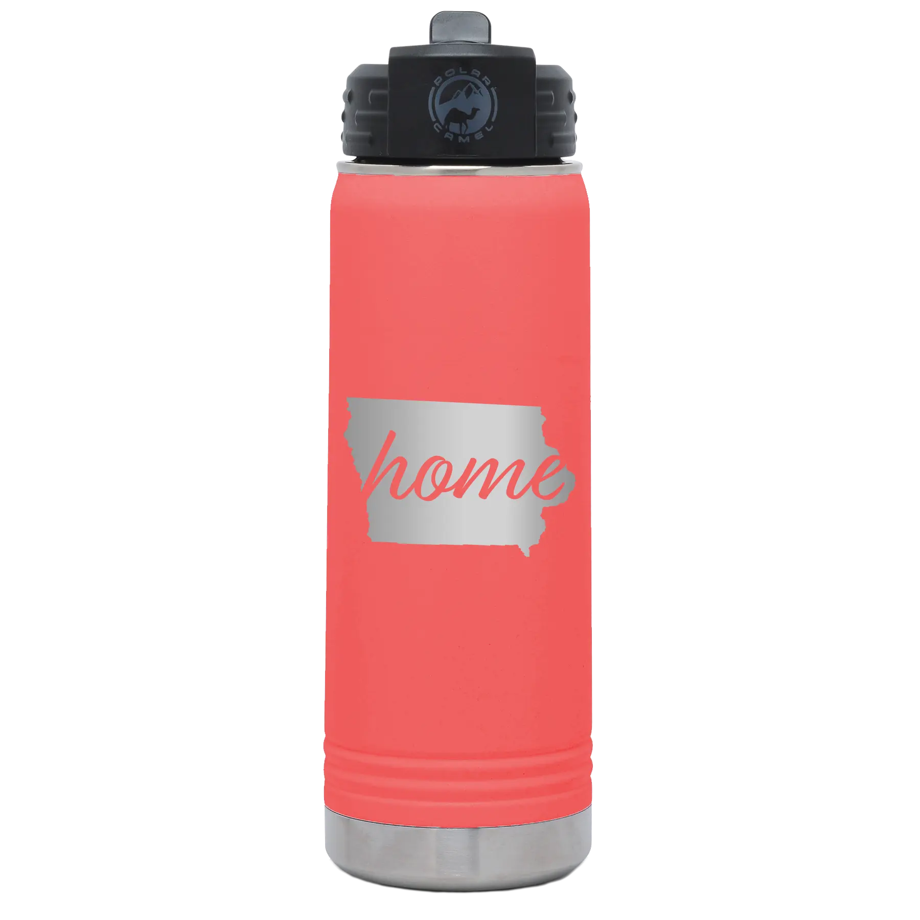 Laser etched coral 20 oz vacuum insulated water bottle with 'Iowa Home' design