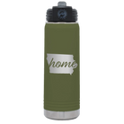 Laser etched olive green 20 oz vacuum insulated water bottle with 'Iowa Home' design