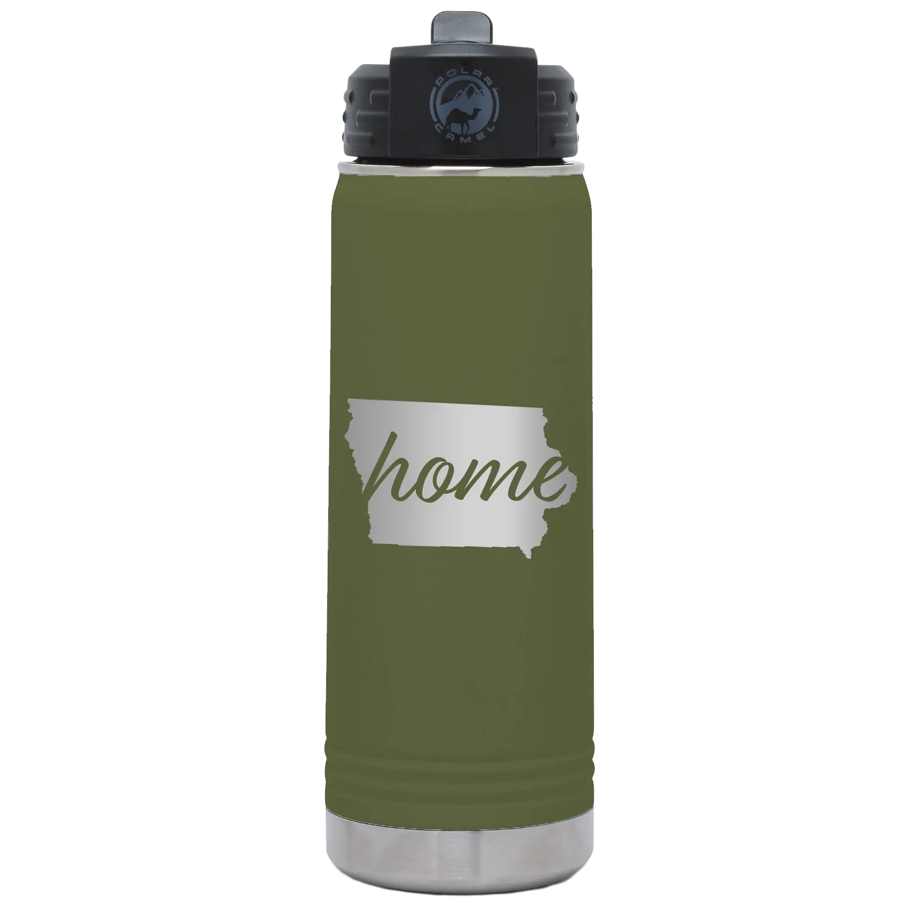 Laser etched olive green 20 oz vacuum insulated water bottle with 'Iowa Home' design
