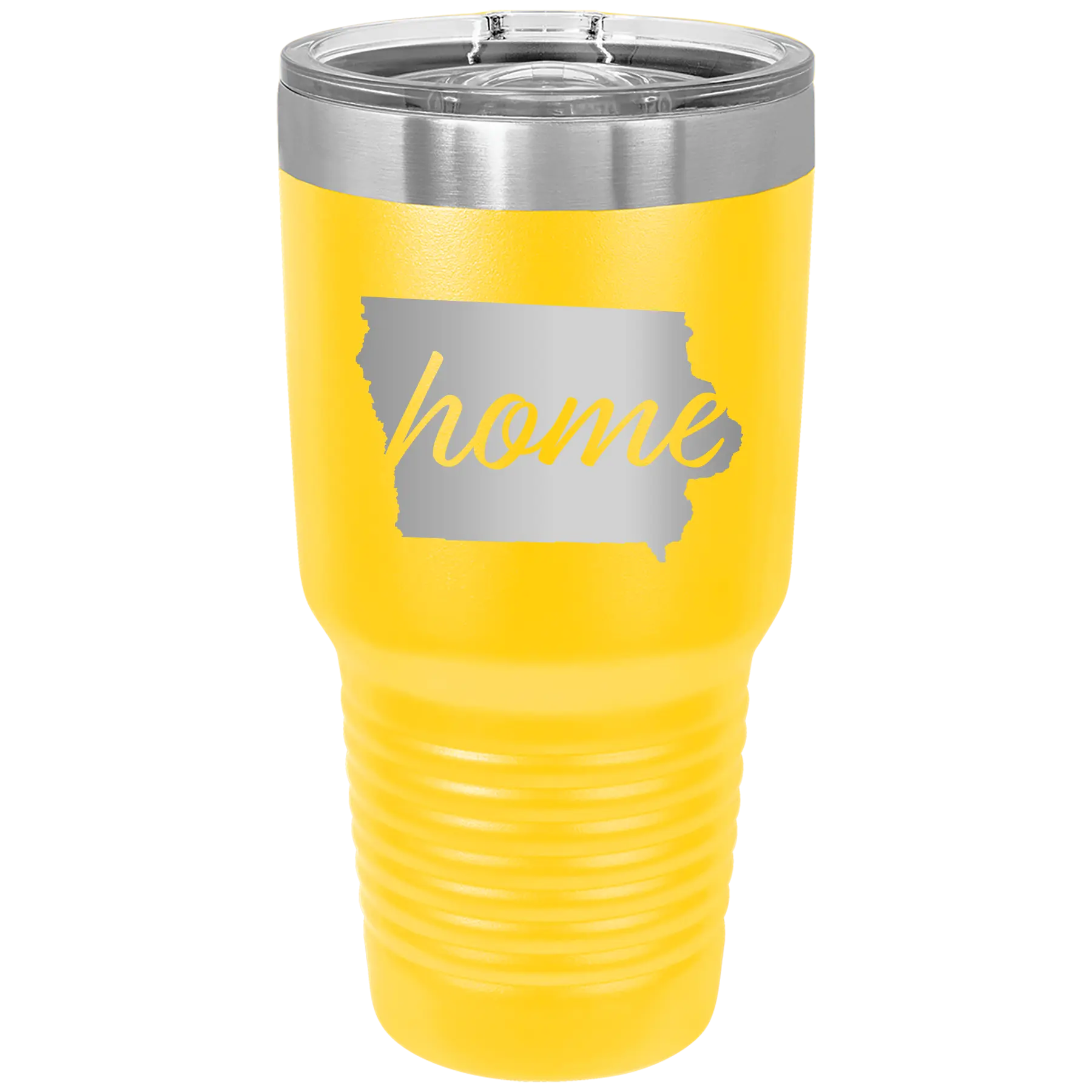 Laser etched yellow 30 oz vacuum insulated tumbler with 'Iowa Home' design