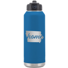 Laser etched royal blue 32 oz vacuum insulated water bottle with 'Iowa Home' design