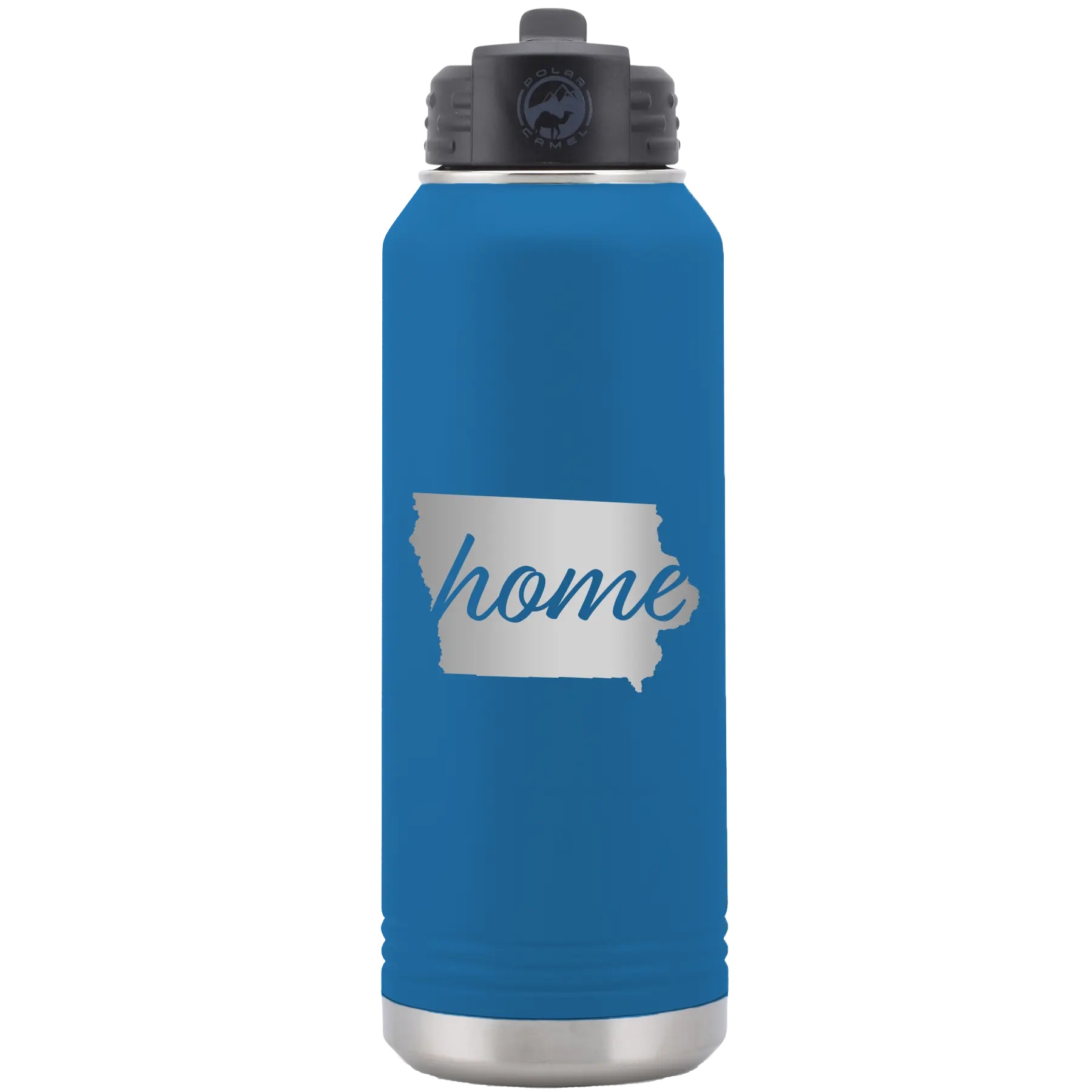 Laser etched royal blue 32 oz vacuum insulated water bottle with 'Iowa Home' design