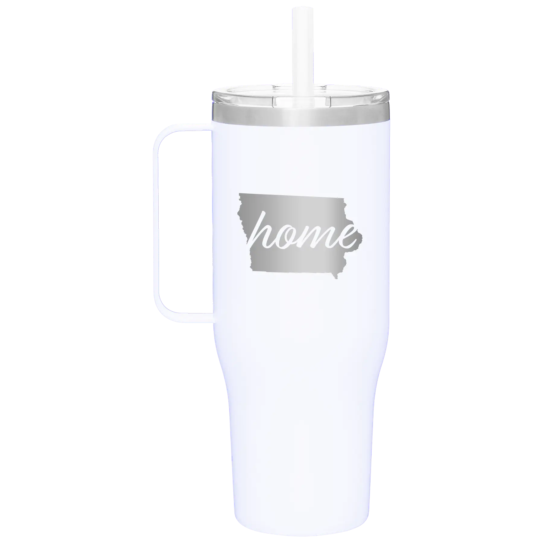 Laser etched white 40 oz vacuum insulated tumbler mug with 'Iowa Home' design