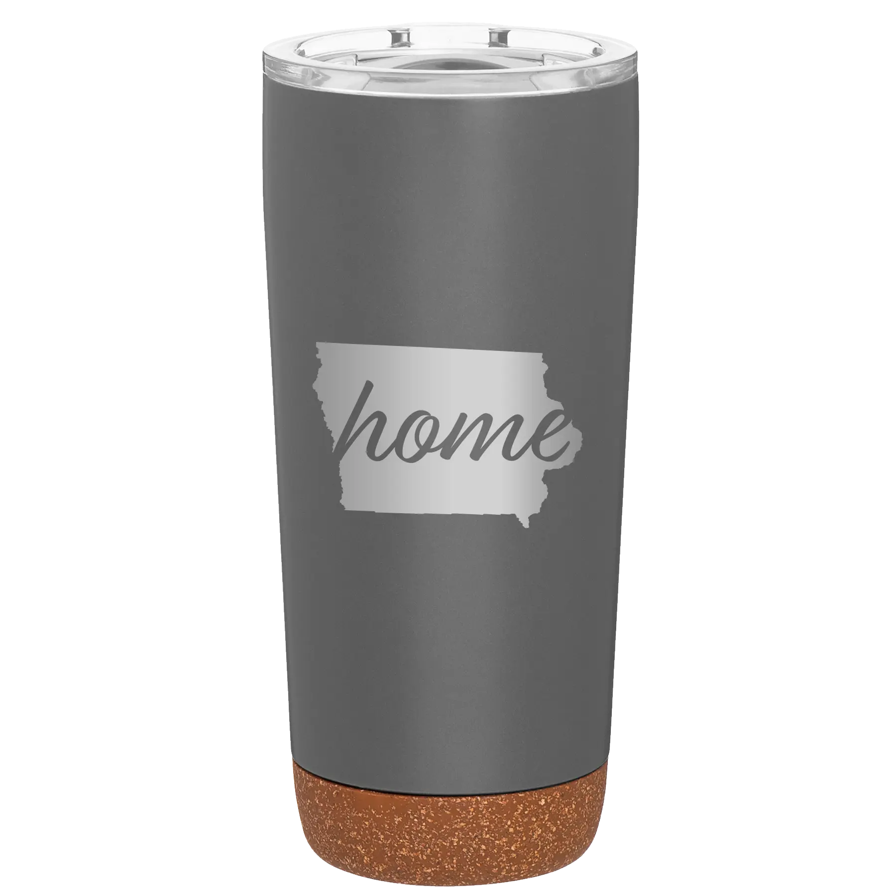 Laser etched storm gray 20 oz vacuum insulated tumbler with 'Iowa Home' design