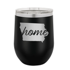 Laser etched black 12 oz vacuum insulated wine cup with 'Iowa Home' design