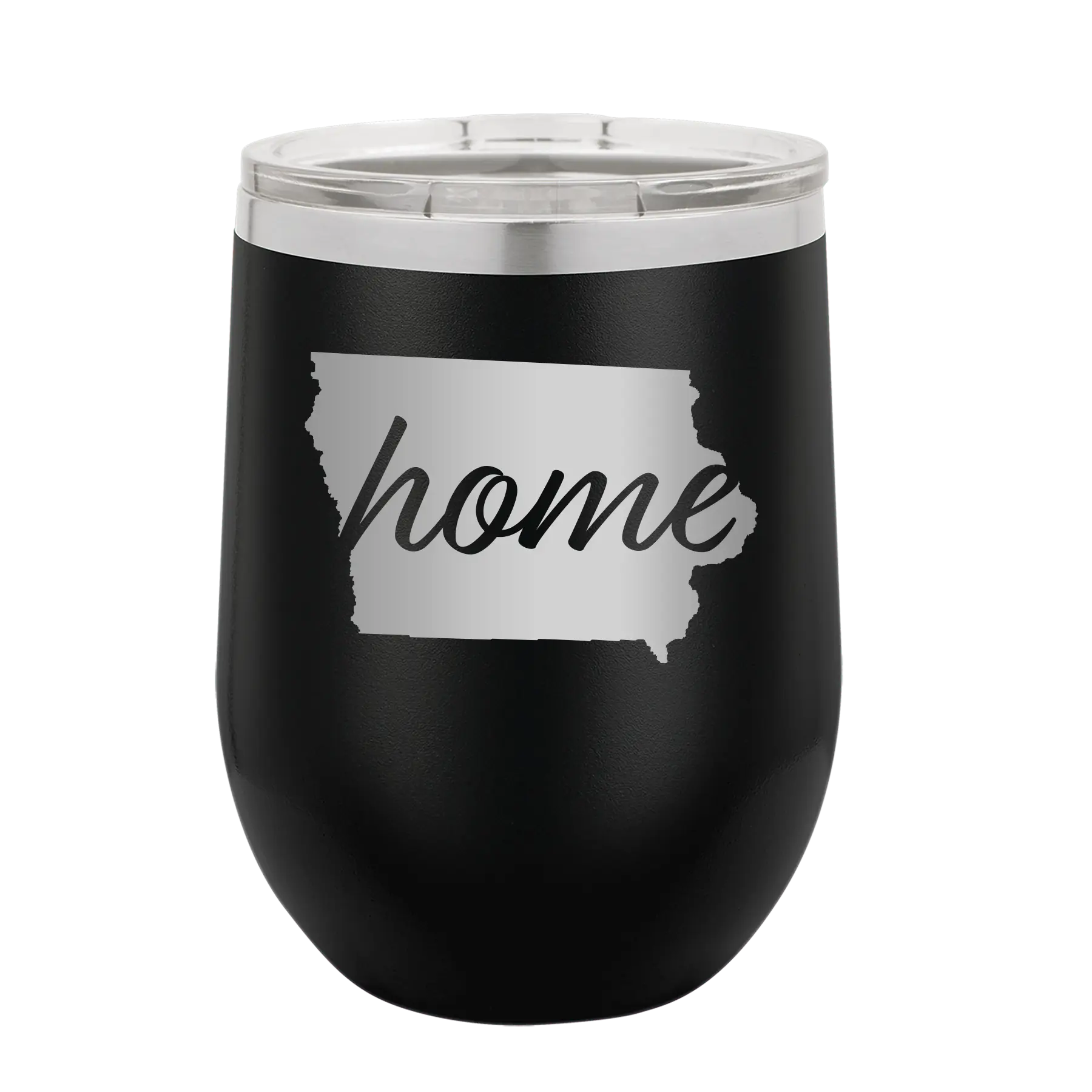 Laser etched black 12 oz vacuum insulated wine cup with 'Iowa Home' design