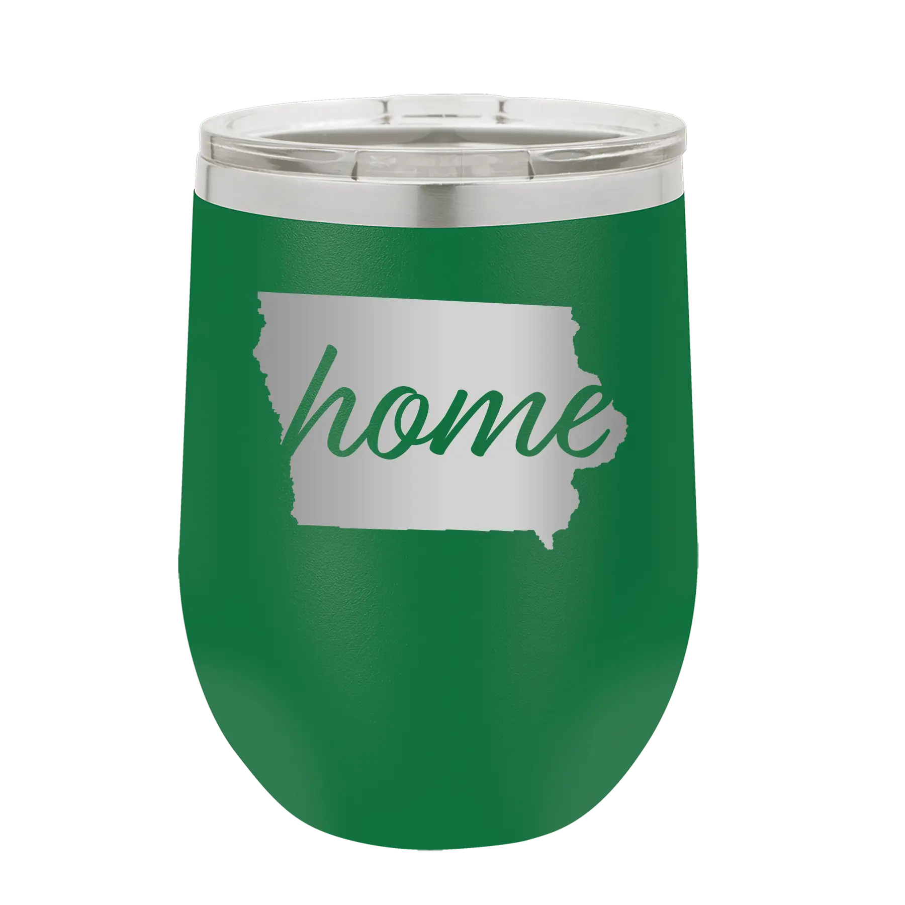 Laser etched green 12 oz vacuum insulated wine cup with 'Iowa Home' design