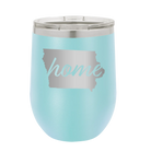 Laser etched light blue 12 oz vacuum insulated wine cup with 'Iowa Home' design