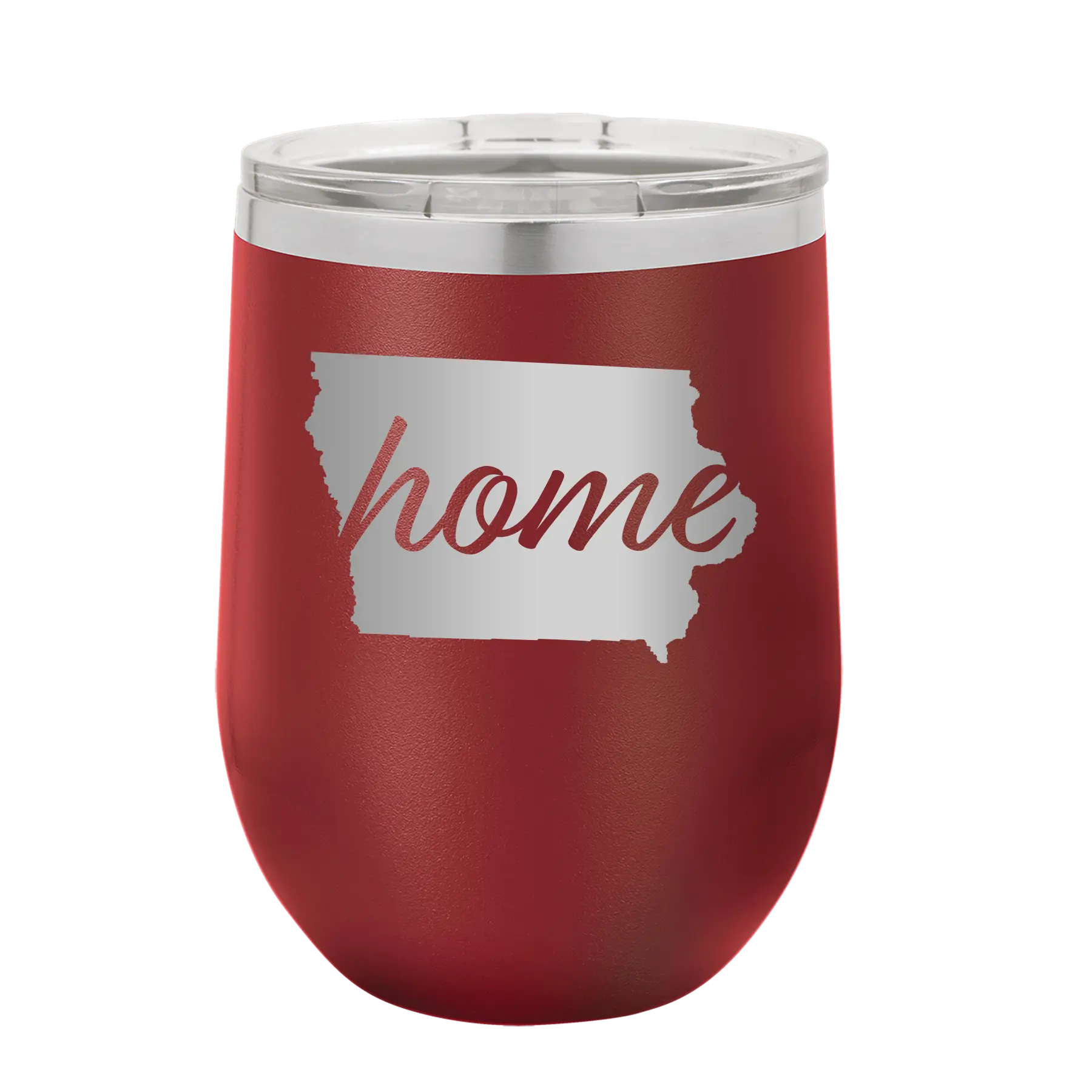 Laser etched maroon 12 oz vacuum insulated wine cup with 'Iowa Home' design