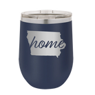 Laser etched navy 12 oz vacuum insulated wine cup with 'Iowa Home' design