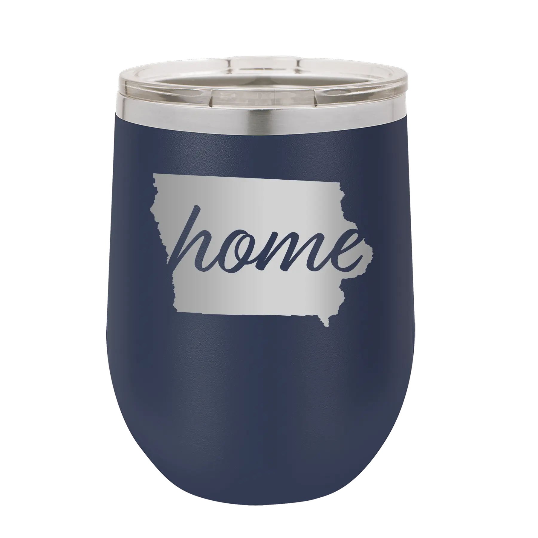 Laser etched navy 12 oz vacuum insulated wine cup with 'Iowa Home' design