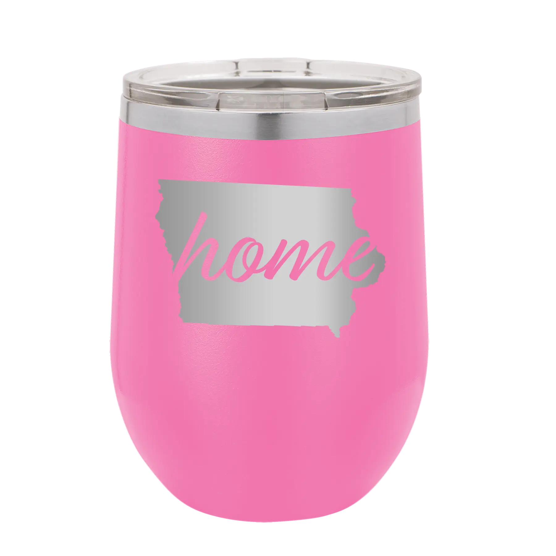 Laser etched pink 12 oz vacuum insulated wine cup with 'Iowa Home' design