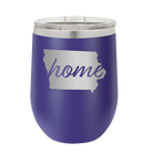 Laser etched purple 12 oz vacuum insulated wine cup with 'Iowa Home' design
