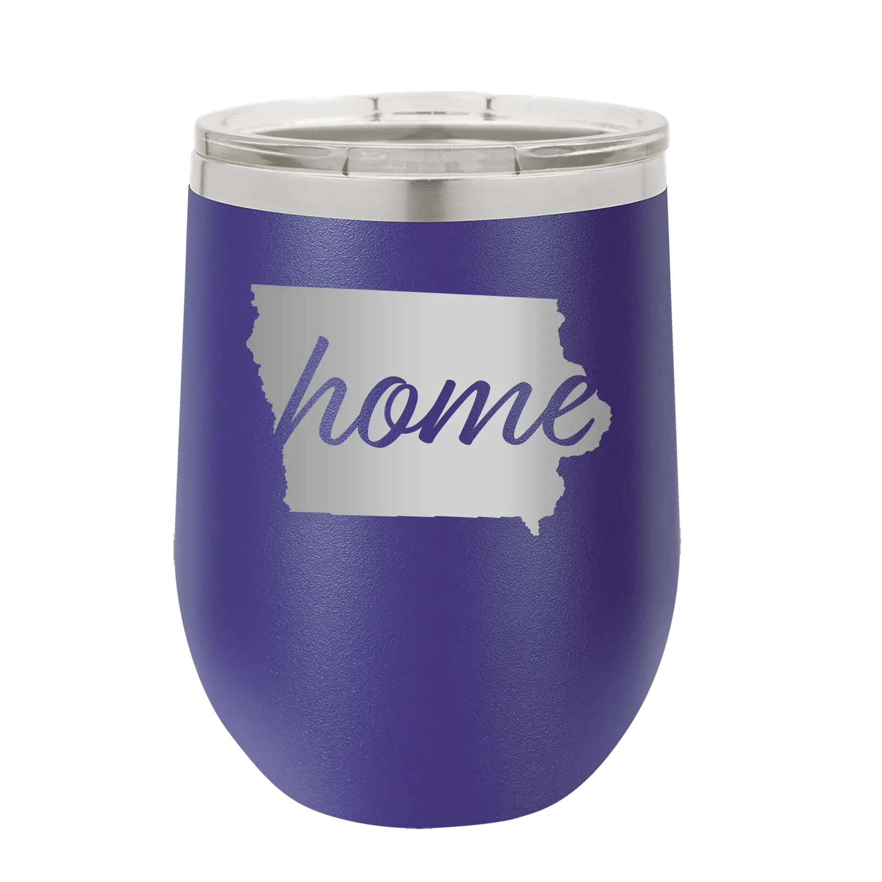 Laser etched purple 12 oz vacuum insulated wine cup with 'Iowa Home' design