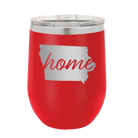 Laser etched red 12 oz vacuum insulated wine cup with 'Iowa Home' design