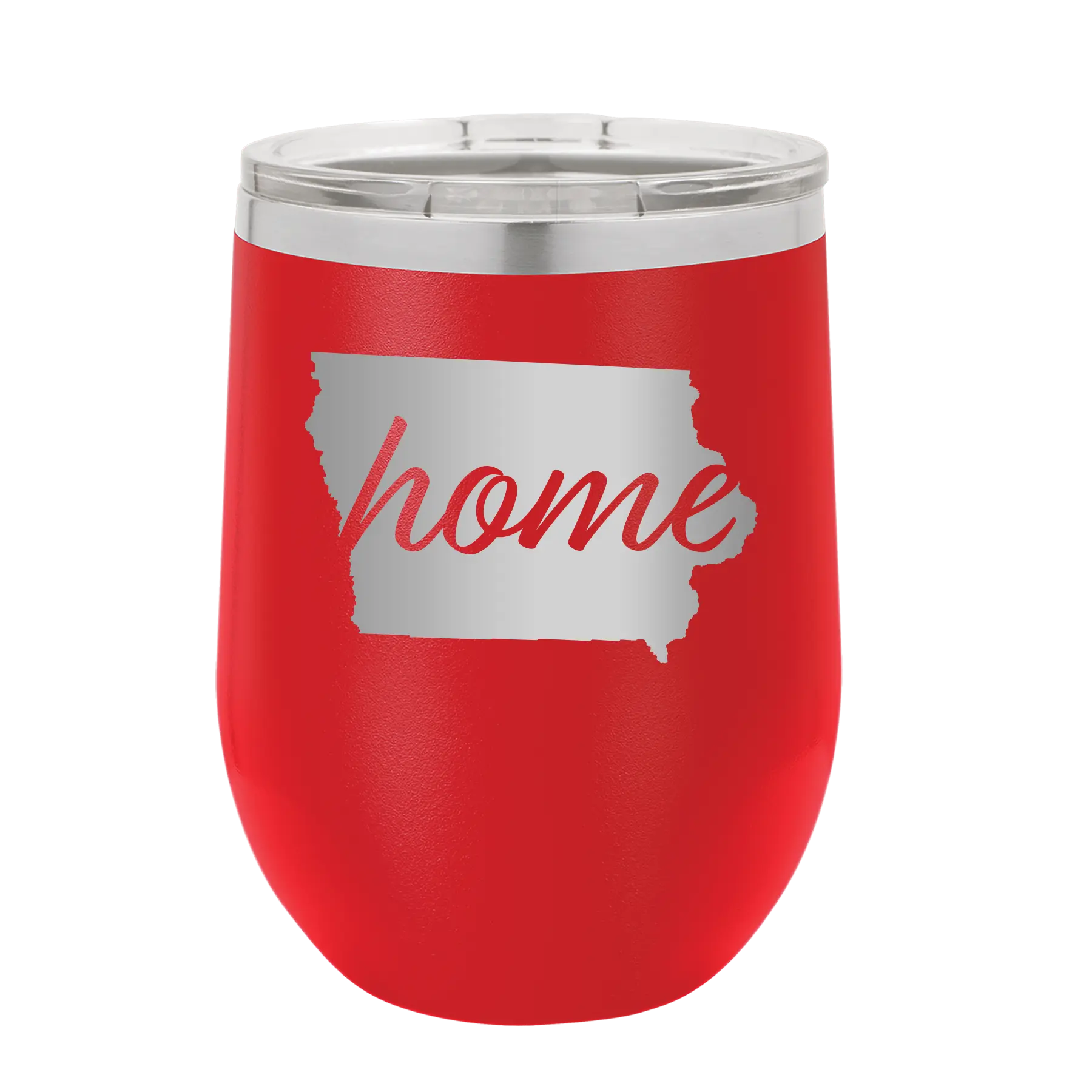 Laser etched red 12 oz vacuum insulated wine cup with 'Iowa Home' design