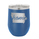 Laser etched royal blue 12 oz vacuum insulated wine cup with 'Iowa Home' design