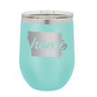 Laser etched teal 12 oz vacuum insulated wine cup with 'Iowa Home' design