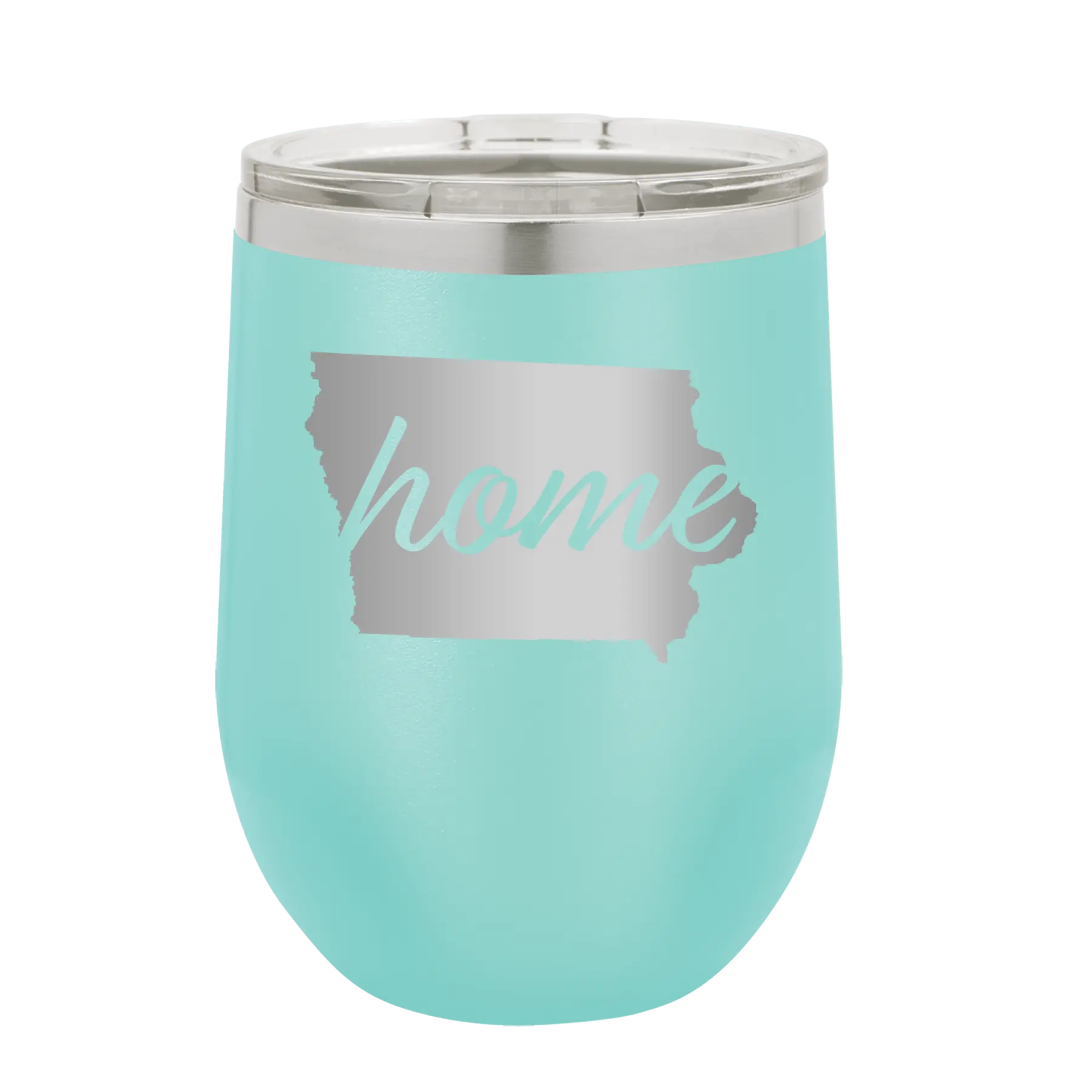 Laser etched teal 12 oz vacuum insulated wine cup with 'Iowa Home' design