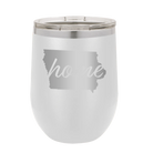 Laser etched white 12 oz vacuum insulated wine cup with 'Iowa Home' design