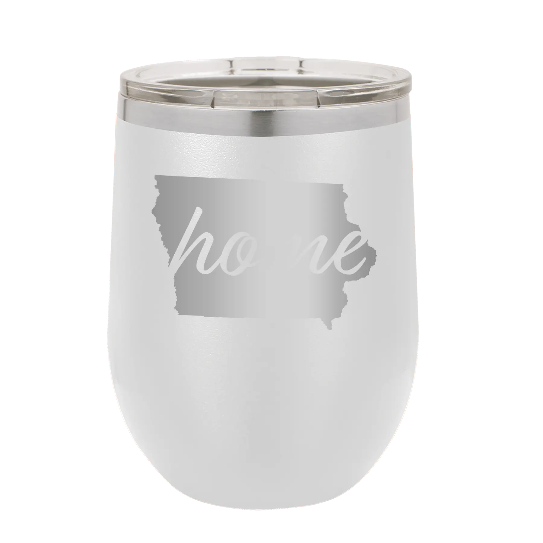 Laser etched white 12 oz vacuum insulated wine cup with 'Iowa Home' design