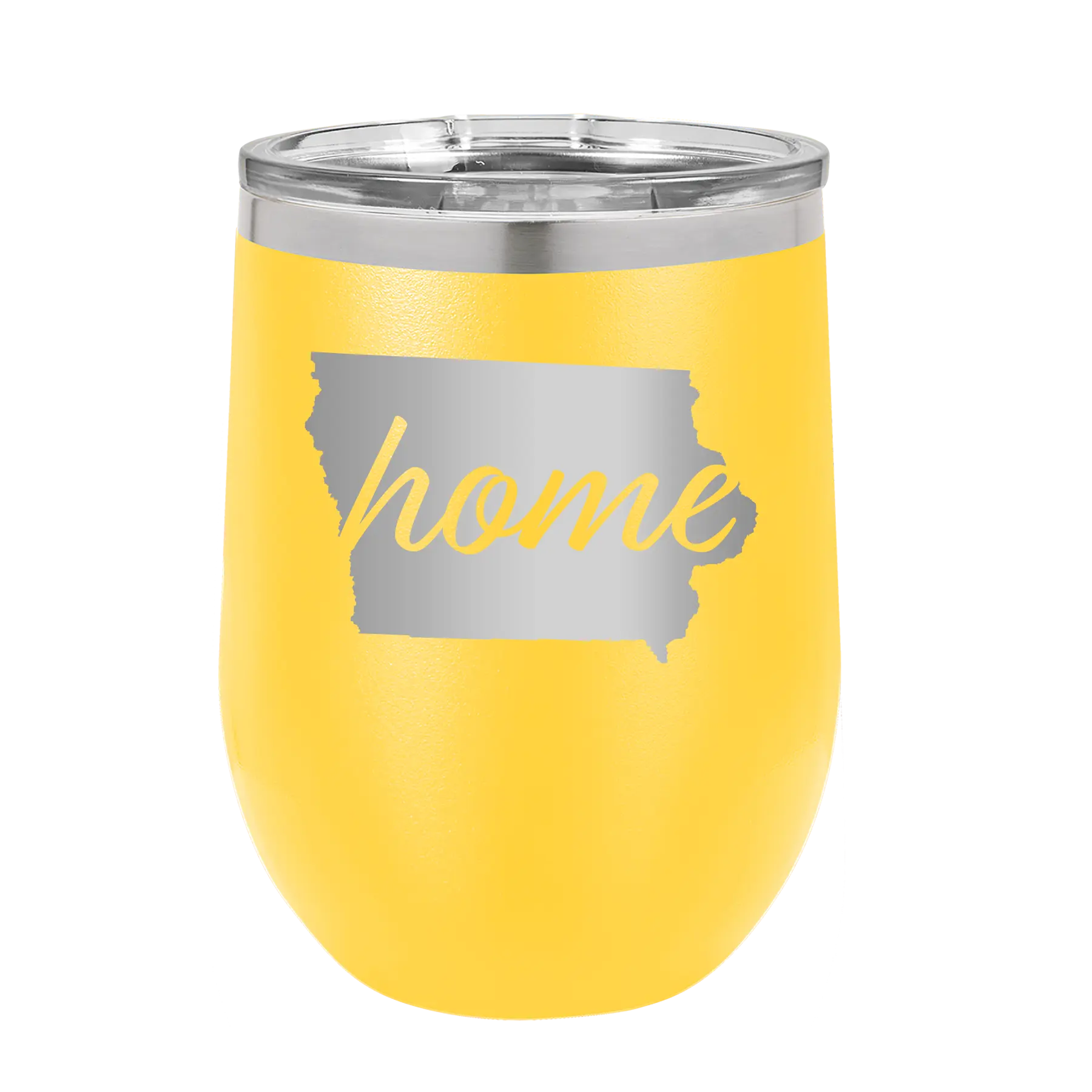 Laser etched yellow 12 oz vacuum insulated wine cup with 'Iowa Home' design