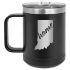 Laser etched black 15 oz vacuum insulated coffee mug with 'Indiana Home' design