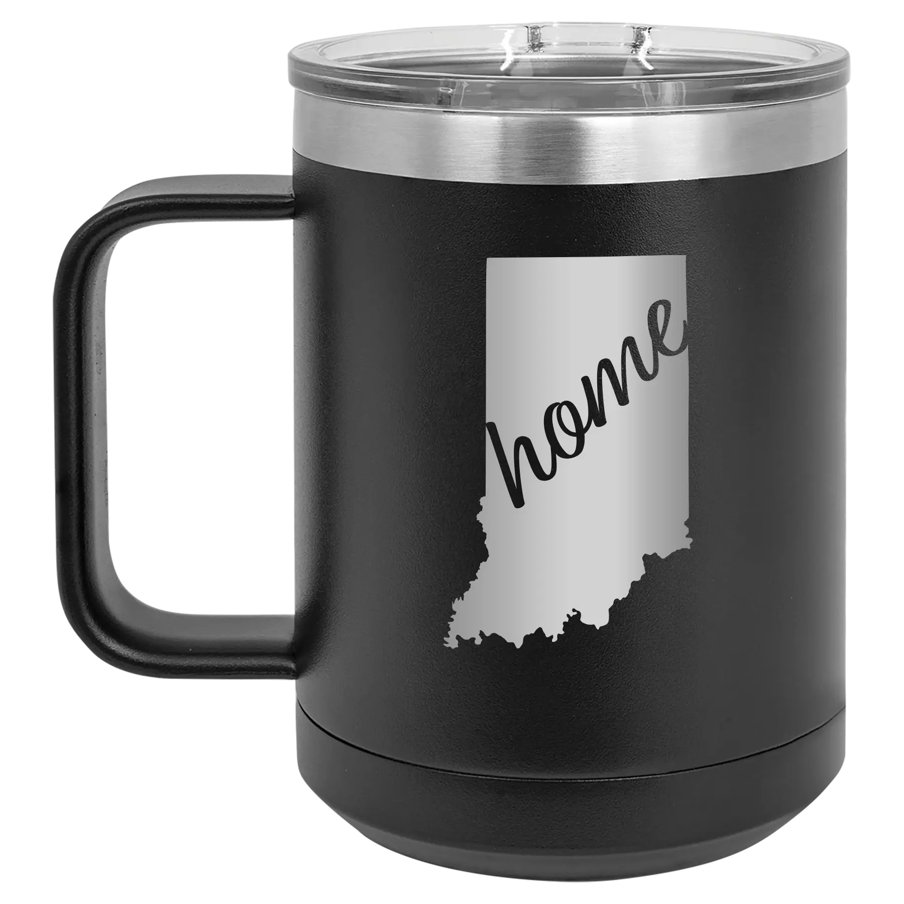 Laser etched black 15 oz vacuum insulated coffee mug with 'Indiana Home' design