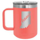 Laser etched coral 15 oz vacuum insulated coffee mug with 'Indiana Home' design
