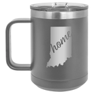 Laser etched dark gray 15 oz vacuum insulated coffee mug with 'Indiana Home' design