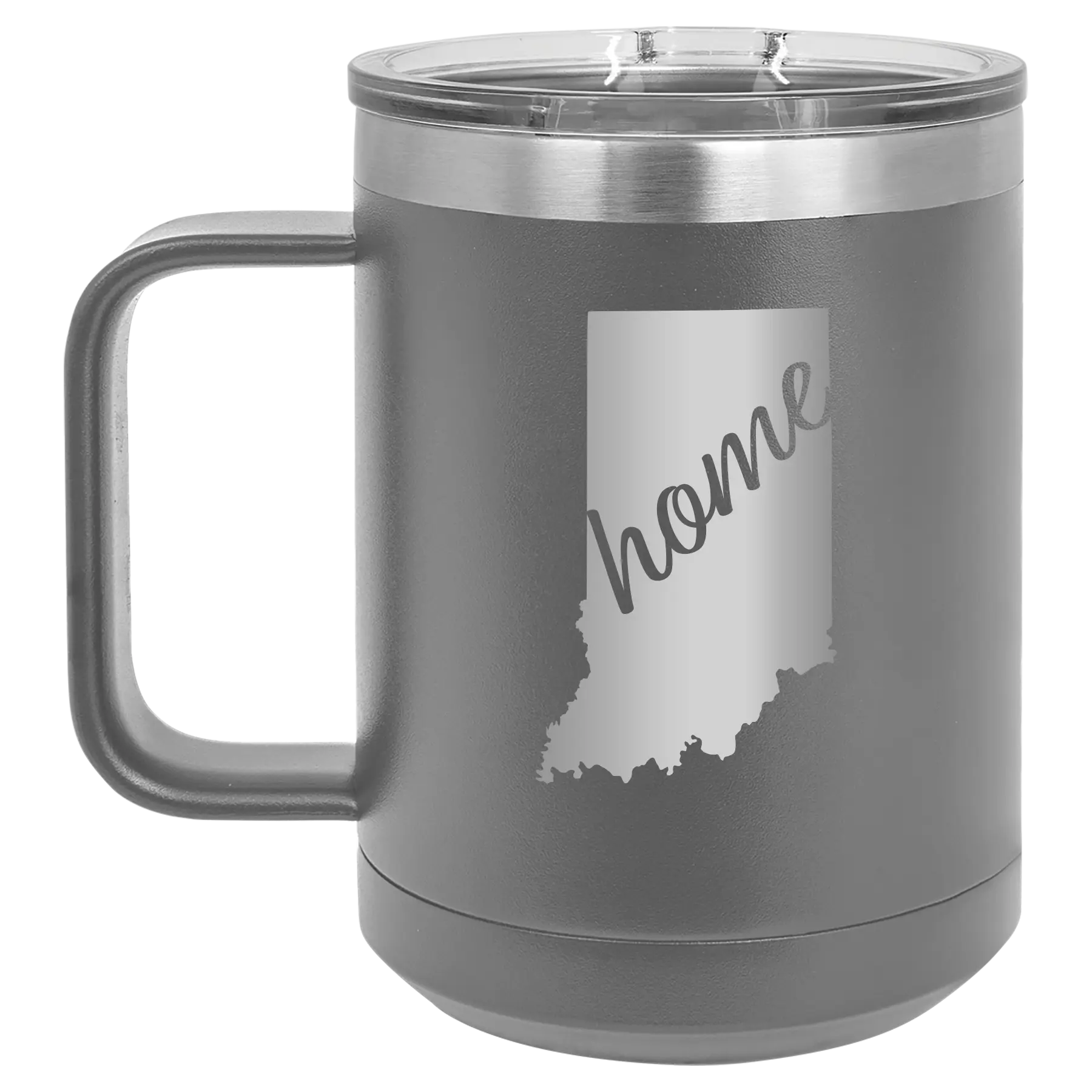 Laser etched dark gray 15 oz vacuum insulated coffee mug with 'Indiana Home' design