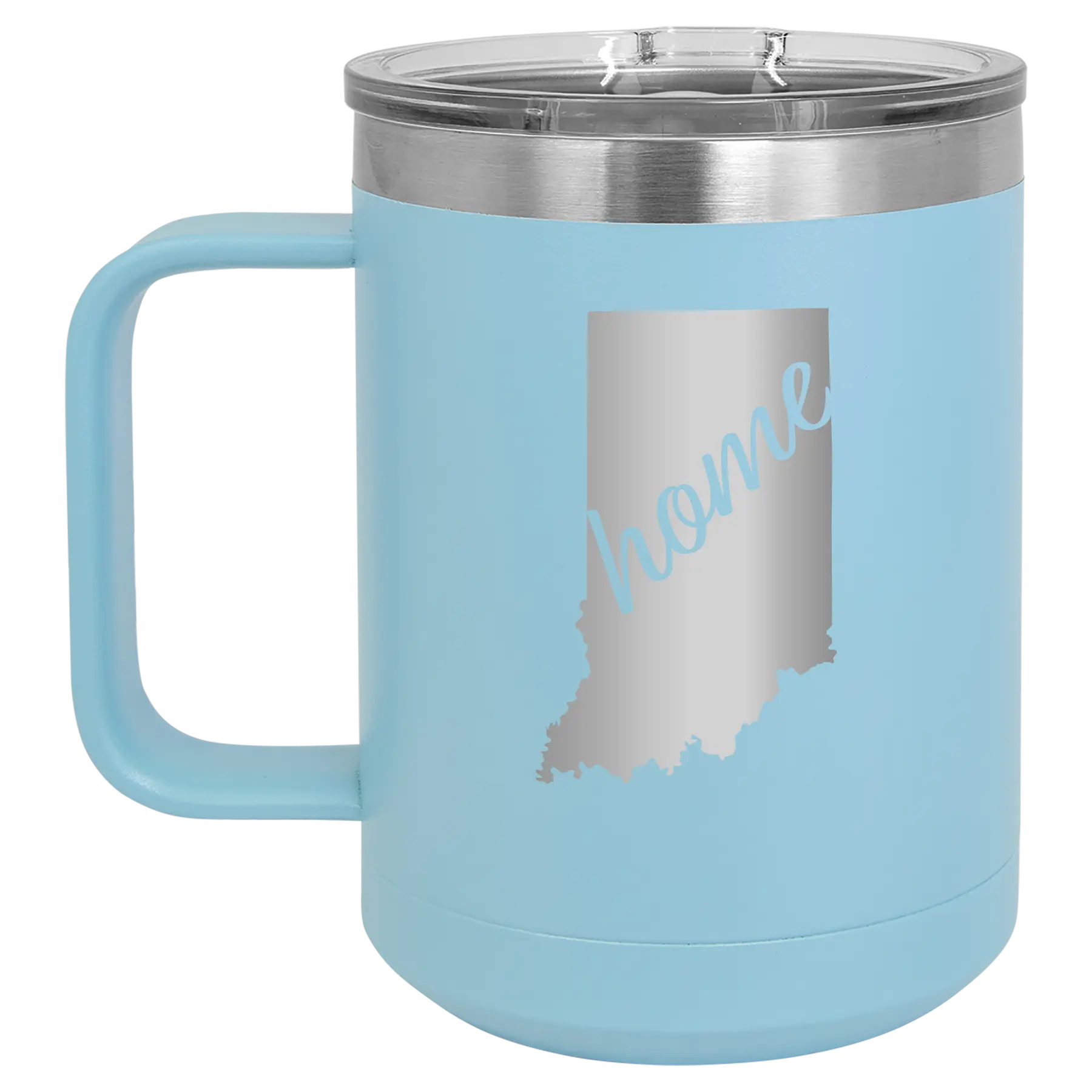 Laser etched light blue 15 oz vacuum insulated coffee mug with 'Indiana Home' design