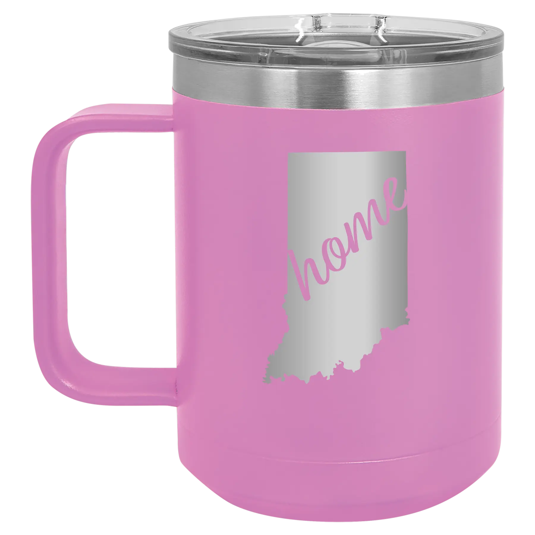 Laser etched light purple 15 oz vacuum insulated coffee mug with 'Indiana Home' design