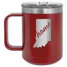 Laser etched maroon 15 oz vacuum insulated coffee mug with 'Indiana Home' design
