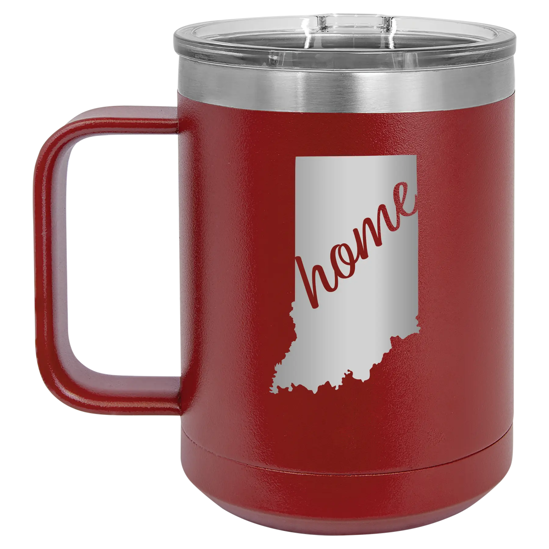 Laser etched maroon 15 oz vacuum insulated coffee mug with 'Indiana Home' design