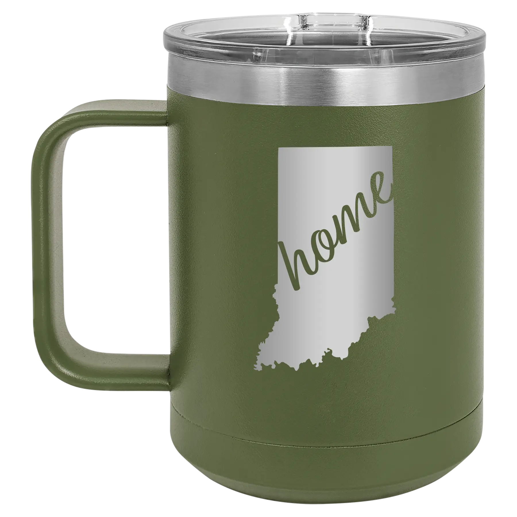 Laser etched olive green 15 oz vacuum insulated coffee mug with 'Indiana Home' design