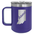 Laser etched purple 15 oz vacuum insulated coffee mug with 'Indiana Home' design