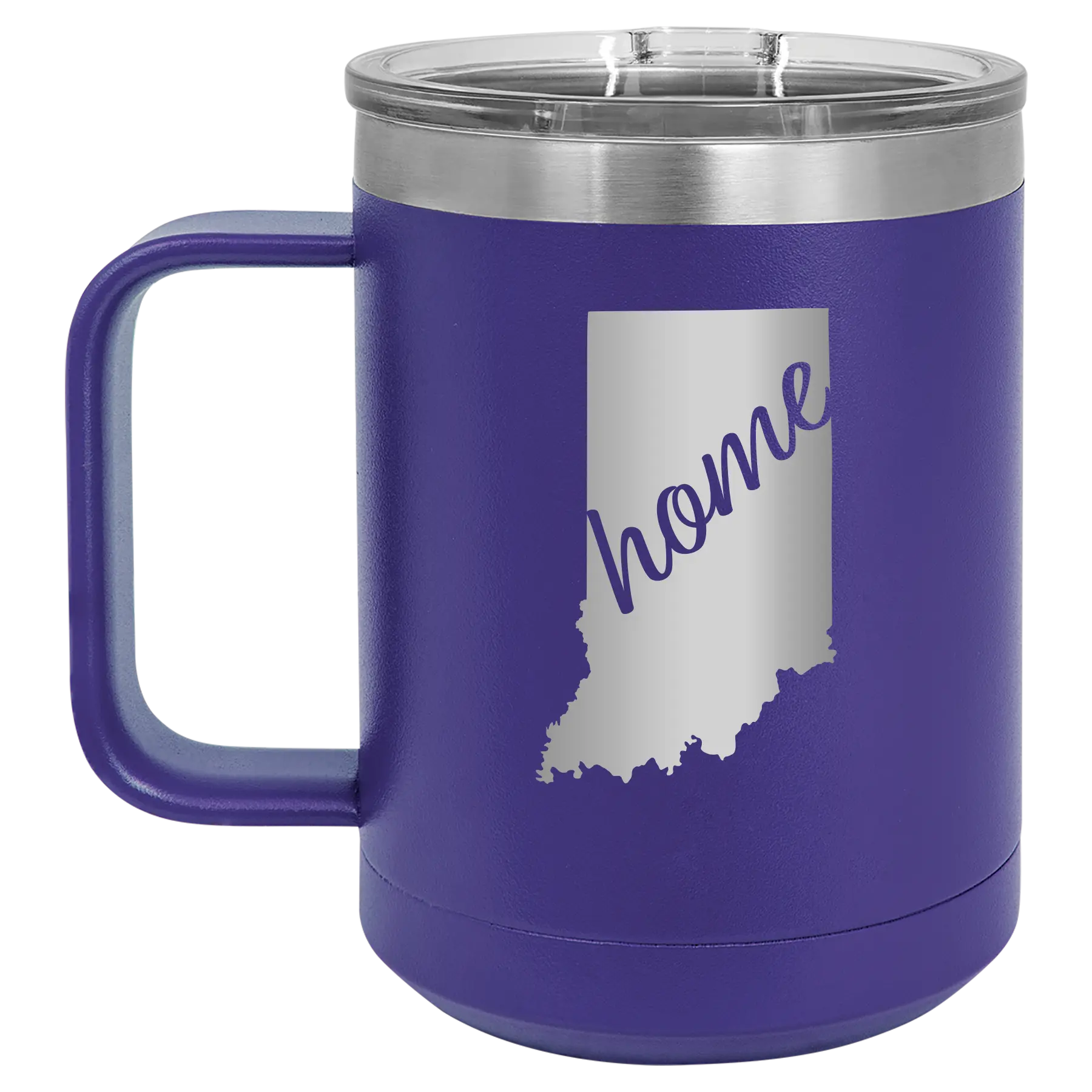 Laser etched purple 15 oz vacuum insulated coffee mug with 'Indiana Home' design