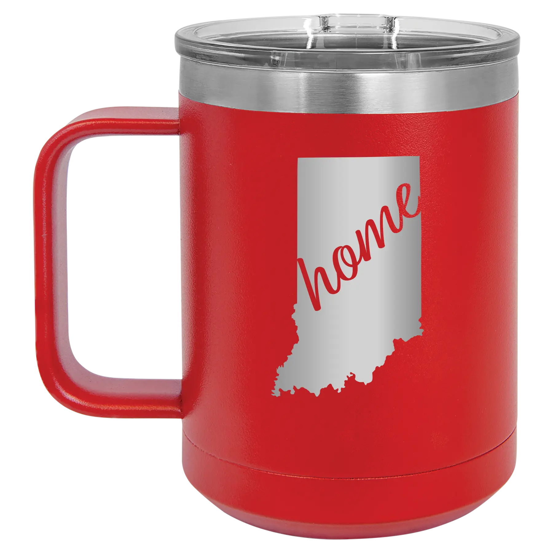 Laser etched red 15 oz vacuum insulated coffee mug with 'Indiana Home' design