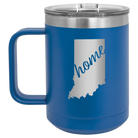 Laser etched royal blue 15 oz vacuum insulated coffee mug with 'Indiana Home' design