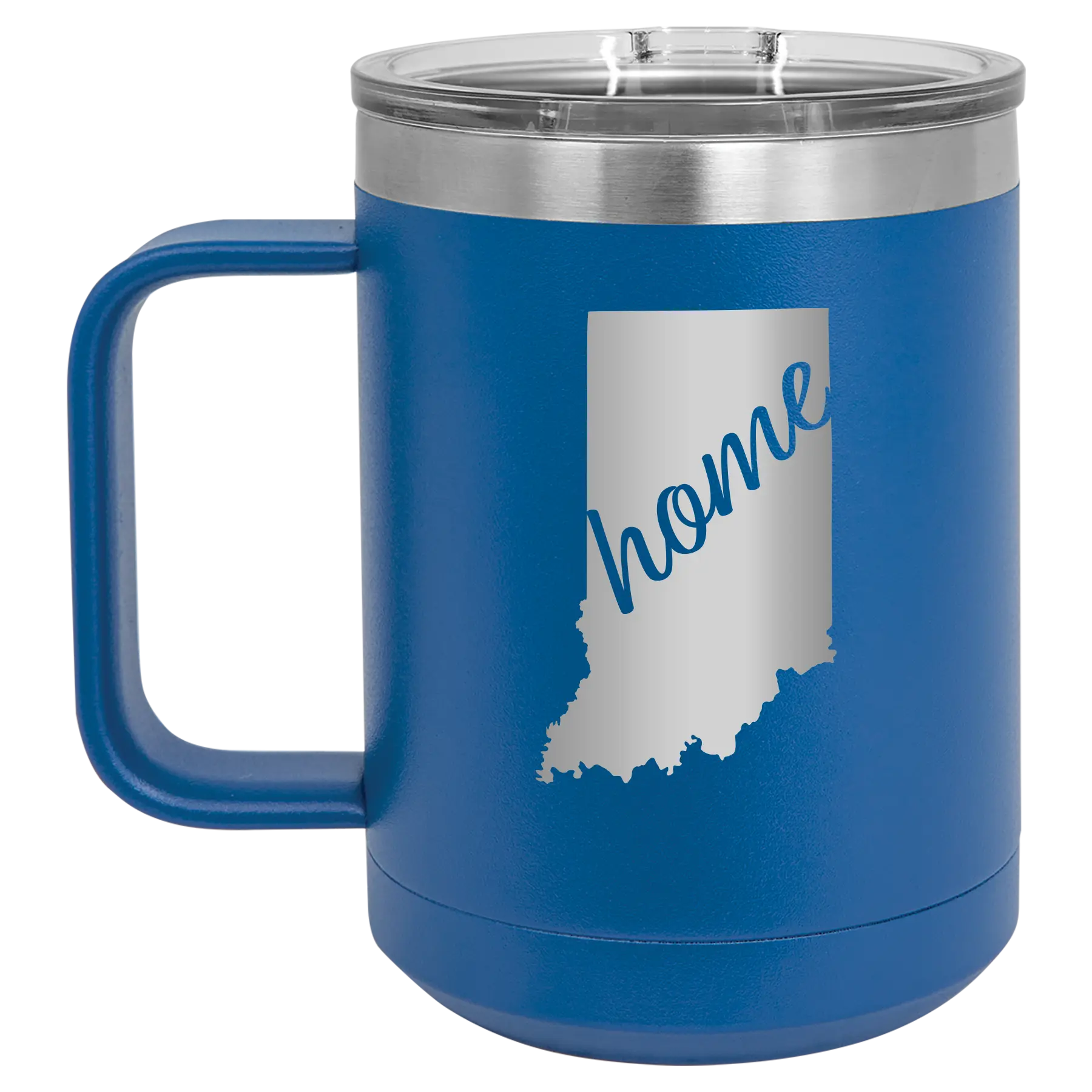 Laser etched royal blue 15 oz vacuum insulated coffee mug with 'Indiana Home' design