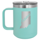 Laser etched teal 15 oz vacuum insulated coffee mug with 'Indiana Home' design