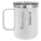 Laser etched white 15 oz vacuum insulated coffee mug with 'Indiana Home' design