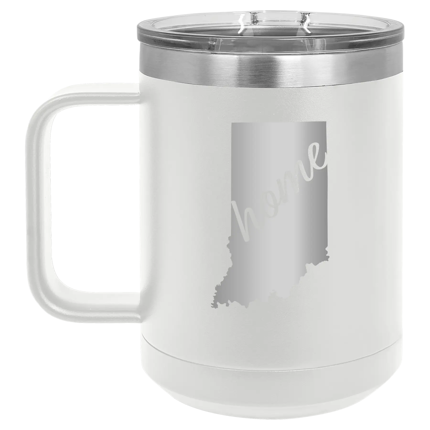Laser etched white 15 oz vacuum insulated coffee mug with 'Indiana Home' design