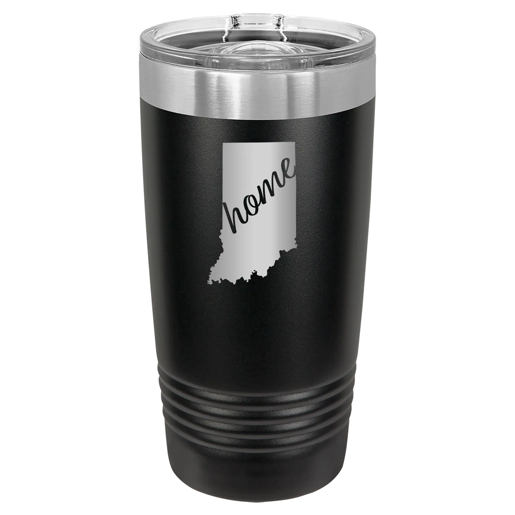 Laser etched black 20 oz vacuum insulated tumbler with 'Indiana Home' design